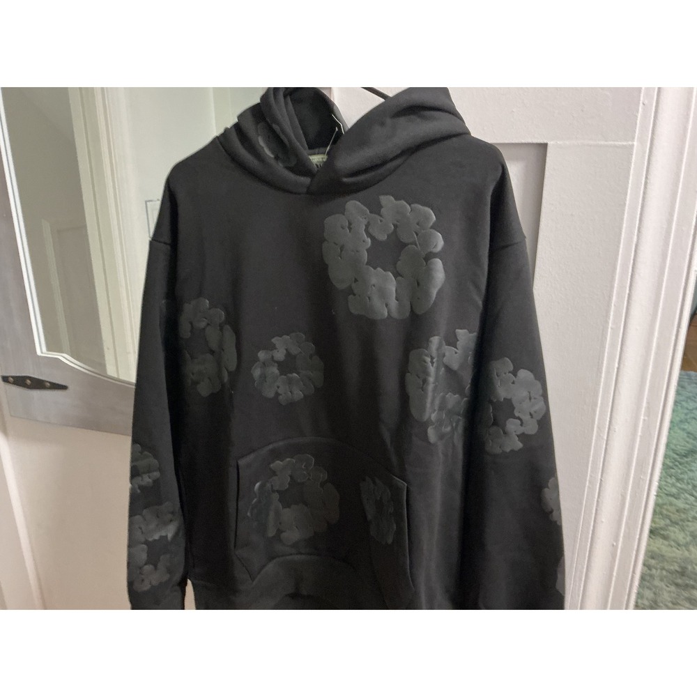 Denim Tears Cotton Wreath Hoodie Black On Black Puff Print Sweatshirt Mens L NEW